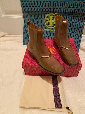 Tory Burch Brown Suede & Leather Ankle Booties with Gold Hardware